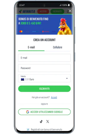 Modulo di registrazione Winnita con email e password